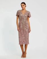 Embellished Faux Wrap Flutter Sleeve Dress